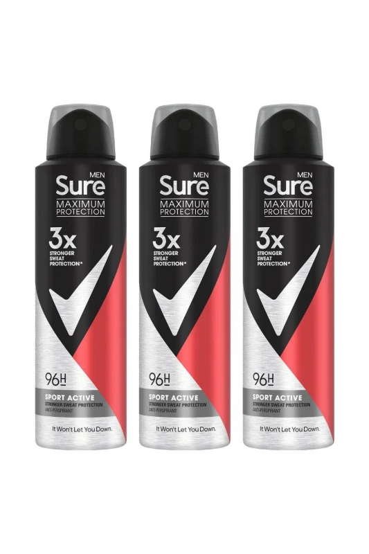 Image of Sure Men Protection 96H 'Antiperspirant Deodorant' Sport Active, 3x150ml White male