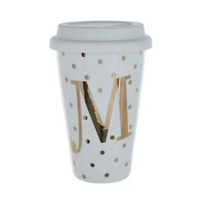 Image of Initials M Double Walled Travel Mug With Silicone Lid - Gold Spots