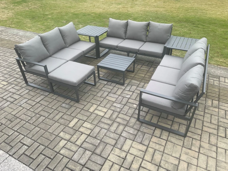 Image of Fimous Aluminium 10 Seater Outdoor Garden Furniture Set Patio Lounge Sofa with Coffee Table 2 Side Tables Big Footstool Conservatory Set in Dark Grey