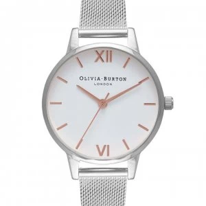 Image of Olivia Burton Womens Big Dial Rose Gold Mesh Watch - White/ Silver