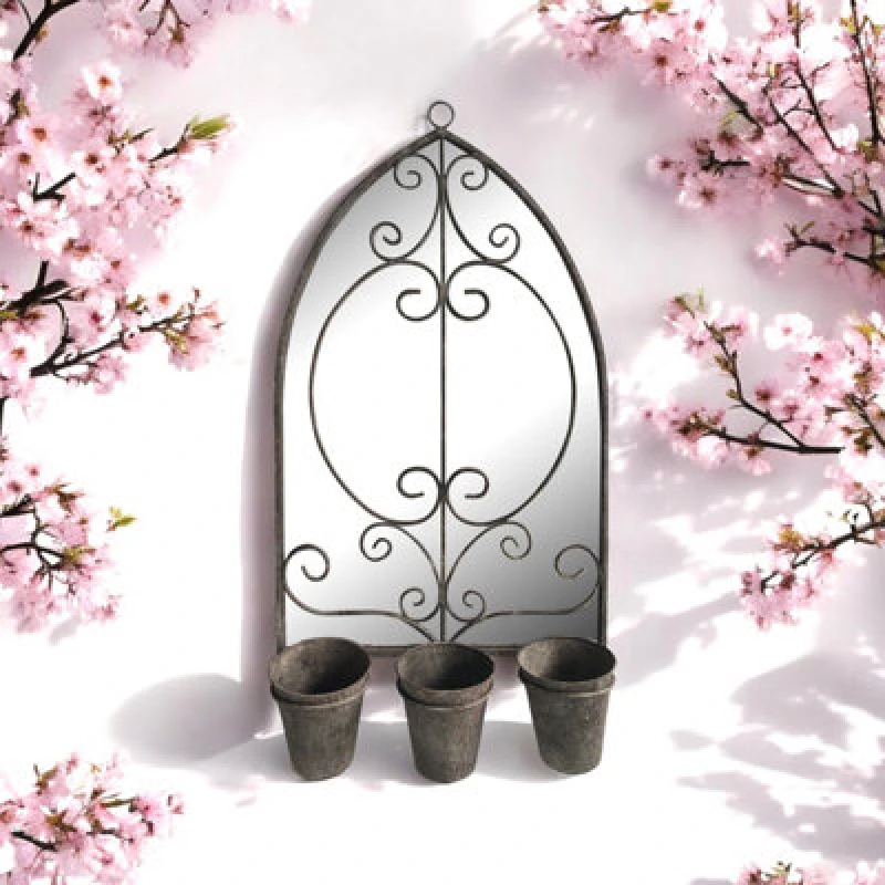 Image of Minster Rusty Wall Mirror With Triple Planter - Distressed Metal - L15 X W45 X H73 Cm