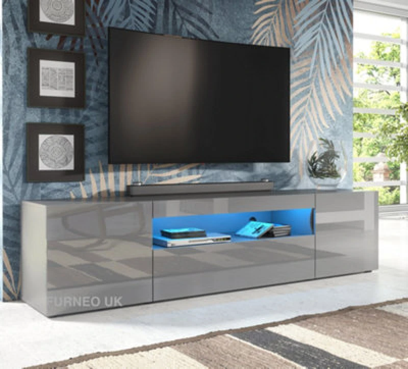 Image of Furneo 200Cm Long TV Stand Unit Cabinet Matt & High Gloss Grey Clifton 08G Blue LED Ligh