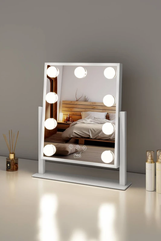 Image of Neo Hollywood Vanity Touch 360° Rotation Mirror with 9 LED Bulbs Lights 30.5 x 35.5cm in White Size: 30.5 x 35.5cm White Unisex 30.5 x 35.5 cm