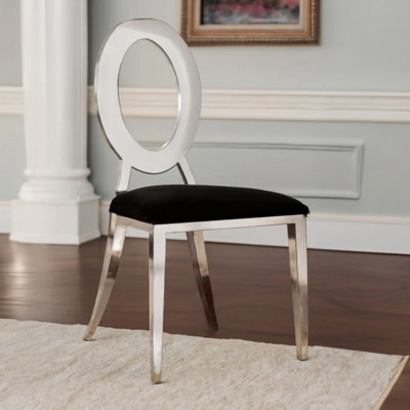 Image of Orsina Luxe Round Back Dining Chair, Elegant Silver Armless Accent Chair, Black Velvet Upholstered Modern Chair