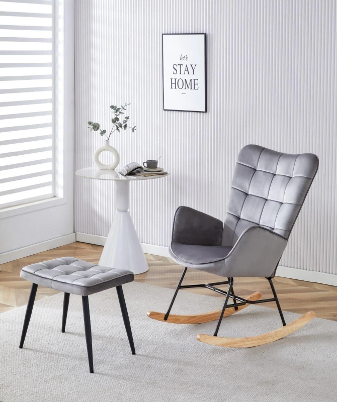 Image of KOSY KOALA Rocking chair recliner lounge with footstool grey velvet sofa living room furniture Grey