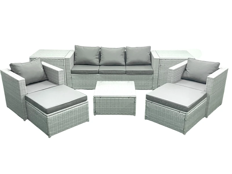 Image of Fimous 7 Seater Rattan Garden Furniture Set with 3 Seater Sofa 2 Chair Square Coffee Table 2 Big Footstools 2 Side Tables Light Grey Mixed Light Grey