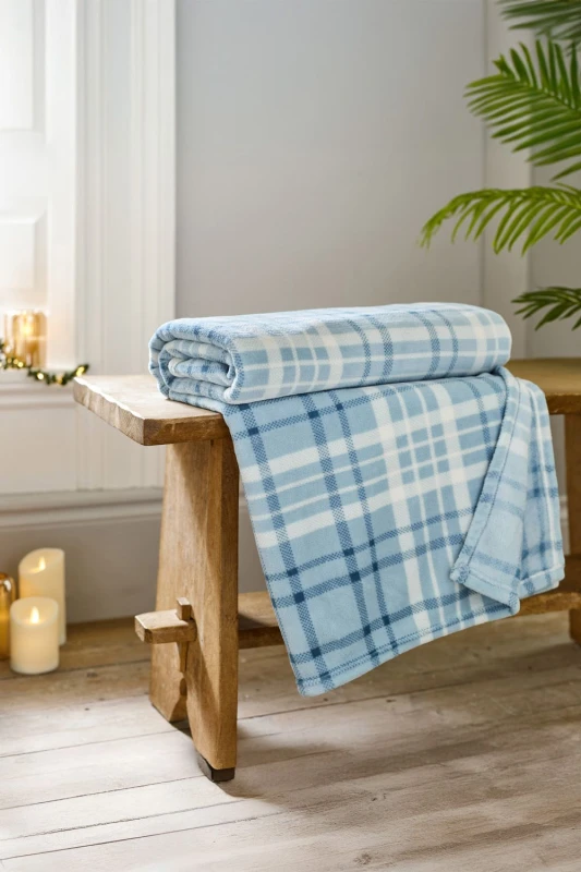Image of Deyongs Deyongs Snuggle Check Throw Blanket 140x180cm - Super Soft Coral Fleece - Printed Plaid Design in Mid Blue Size: 140cm x 180cm Mid Blue 140c