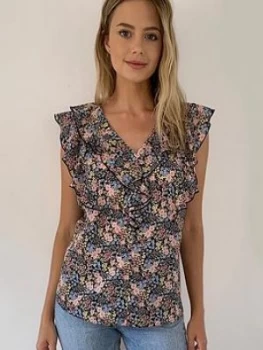 Image of Wallis Petite Ditsy Ruffle Top - Black, Size 8, Women