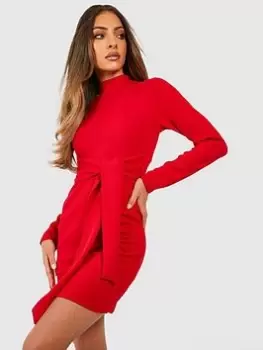 Image of Boohoo High Neck Belted Mini Dress - Red, Size 12, Women