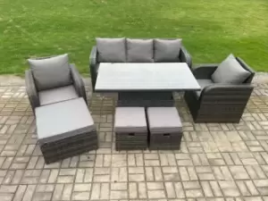 Image of Fimous 5 Seater Outdoor Dark Grey Rattan Lounge Sofa Complete Set with Rising Table, Lounge Sofa, and 3 Footstools