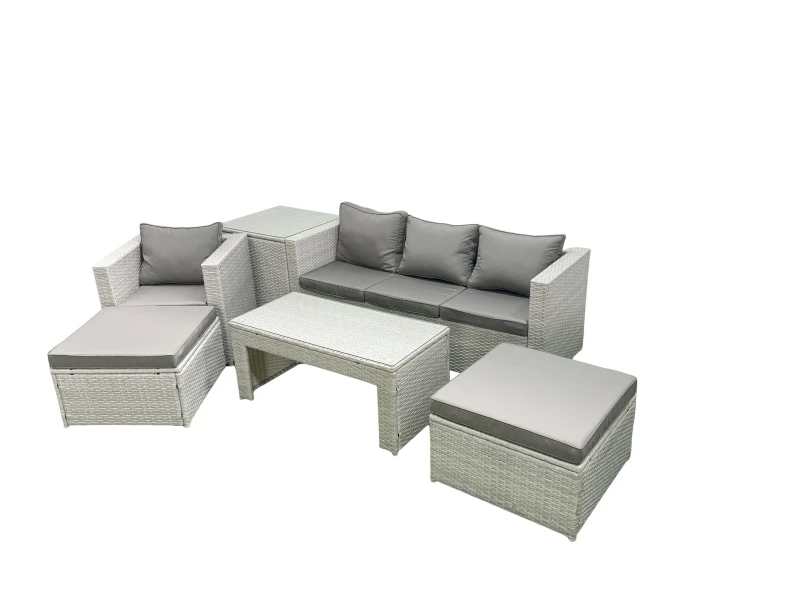 Image of Fimous Outdoor Rattan Garden Furniture Set with Grey Cushions Luxury 6 Seater with 2 Big Footstools and Coffee Table,Side Table For Conservatory,Patio