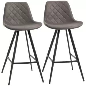 Image of HOMCOM Set Of 2 Bar Stools Vintage Microfiber Cloth Tub Seats Padded Comfortable Steel Frame Footrest Quilted Home Kitchen Chair Stylish Dark Grey