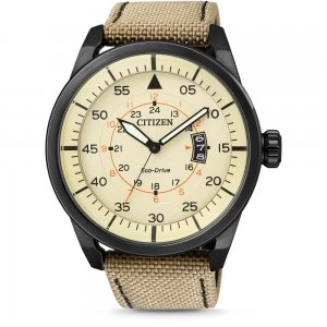 Image of Citizen Eco-Drive Aviator Mens Nylon Strap Watch AW1365-19P - Khaki