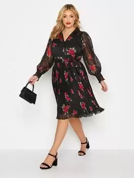 Image of Yours Rose Floral Dobby Pleat Shirt Dress - Black, Size 22, Women