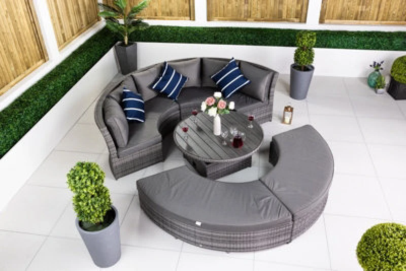 Image of Giardino 2-In-1 Round Rattan Garden Sofa Daybed Set With Adjustable Table, Water-Resistant, Assembled - Grey
