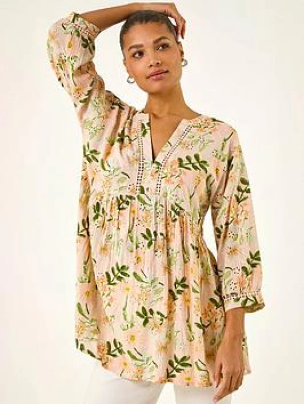 Image of Roman Womens Floral Broderie Trim Tunic Top in Peach Size: 20 Peach Female 20