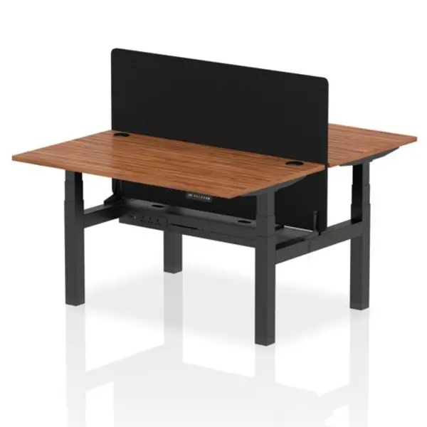 Image of Air Air Back-to-Back 1400 x 800mm Height Adjustable 2 Person Bench Desk Walnut Top with Cable Ports Black Frame with Black Straight Screen HASCP2P148