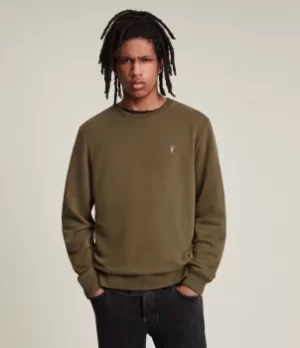 Image of AllSaints Mens Raven Contrast Crew Sweatshirt, Brown, Size: S