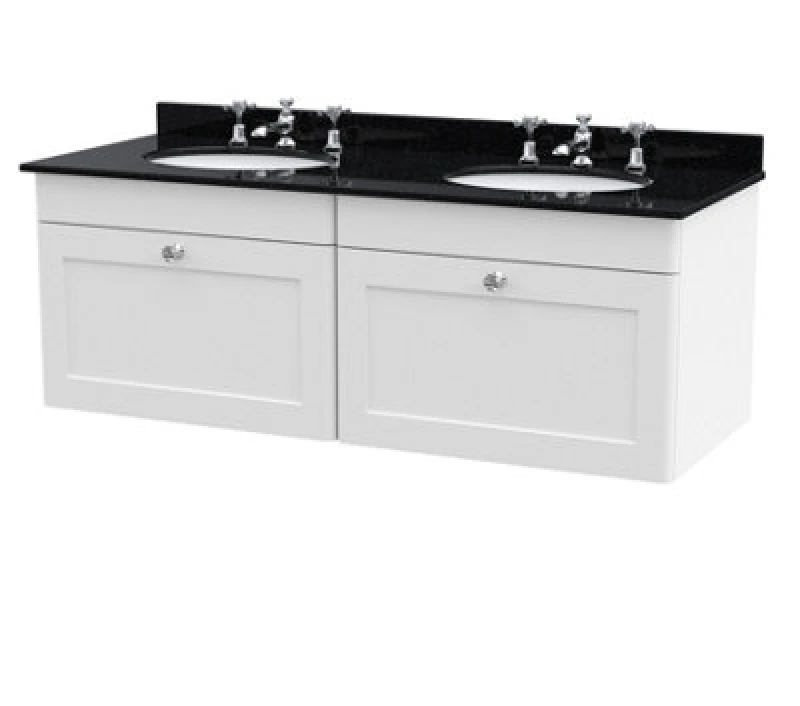 Image of Nuie Classique Wall Hung 2 Drawer Unit & 3 Tap Hole Black Marble Top With Oval Basin, Sink Vanity Unit In Satin White With White