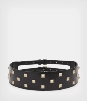 Image of AllSaints Womens Sonia Stud Wide Leather Belt, Black/warm Brass, Size: S
