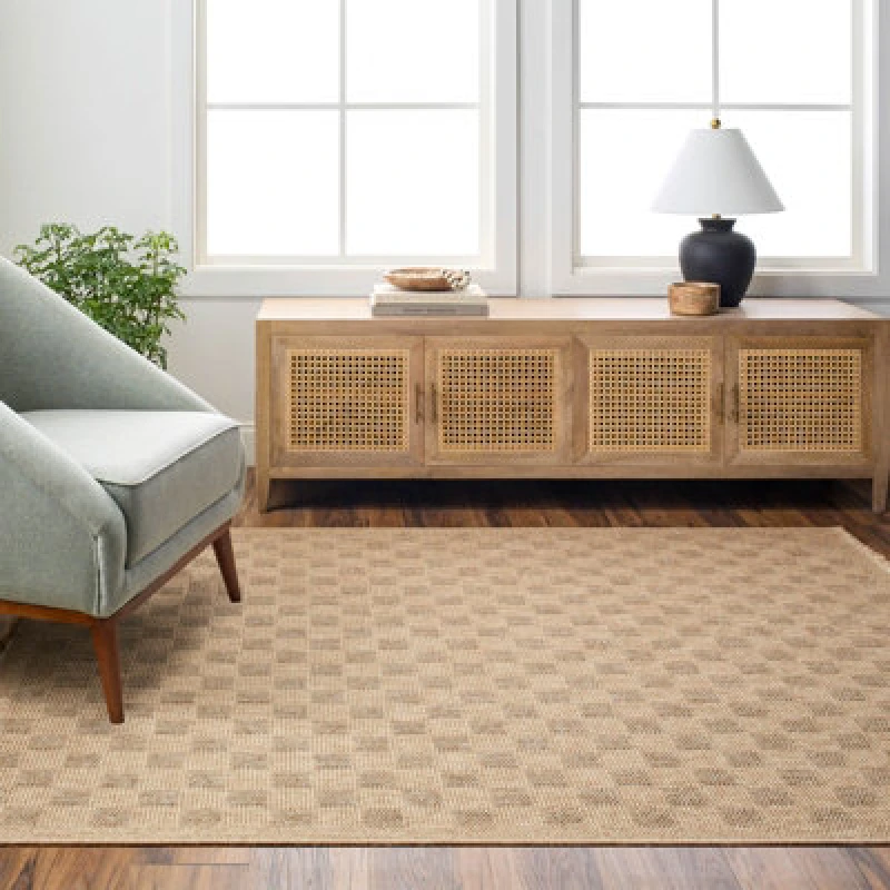 Image of Livabliss In- & Outdoor Cottage Jute-Look Light Brown Checkered Tori Area Rug 160 X 213cm - Perfect For Balcony Or Dining Room