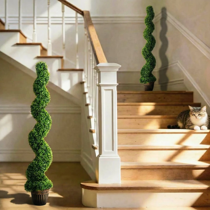 Image of HOMCOM Set of 2 Potted Artificial Plants, Topiary Spiral Boxwood Trees in Green Green Unisex