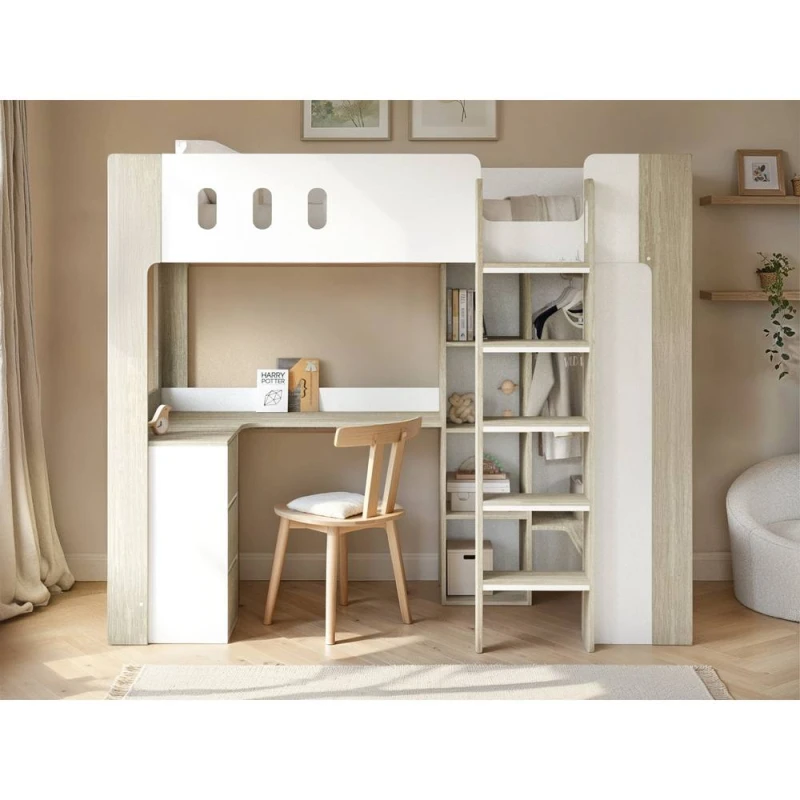 Image of Flair Willow High Sleeper with Desk & Storage White & Oak Size: Single White Unisex Single