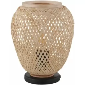 Image of Table Lamp Desk Light Black Base & Round Wicker Wood Shade 1 x 40W E27 Bulb