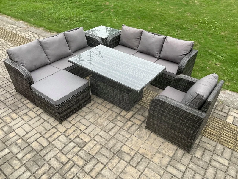 Image of Fimous Outdoor Rattan Garden Furniture Sets Height Adjustable Rising lifting Dining Table Sofa Set with Reclining Chair Big Footstool Dark Grey
