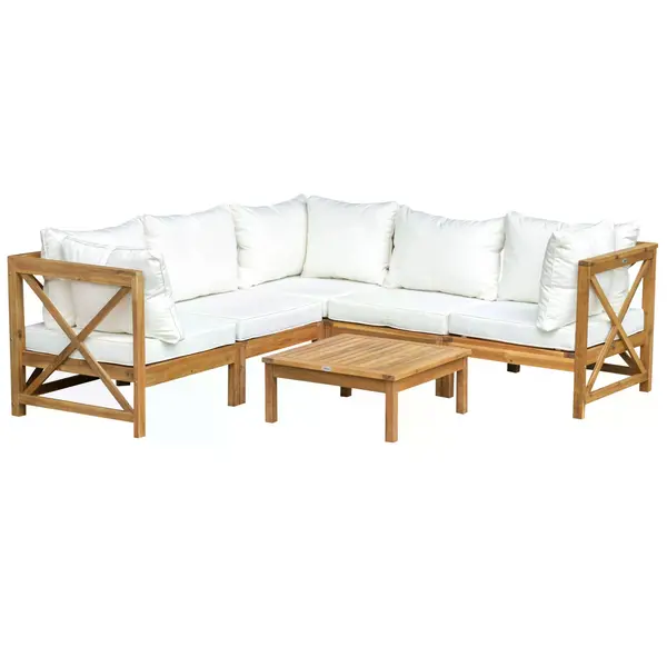 Image of Outsunny 6pcs Patio Furniture Set Garden Sofa Set 1 Coffee Table Suitable with Cushions for Outdoor Indoor Balcony Poolside Acacia Wood Cream White