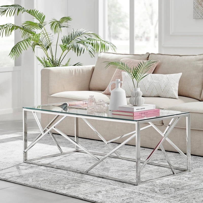 Image of FurnitureboxUK FurnitureboxUK Amalfi Chrome Metal Coffee Table - Rectangular Clear Glass Table - Abstract Pattern - Sleek, Chic, Bright & Airy in Silv