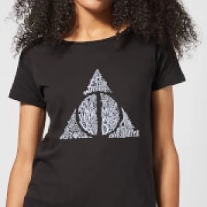 Image of Harry Potter Deathly Hallows Text Womens T-Shirt - Black