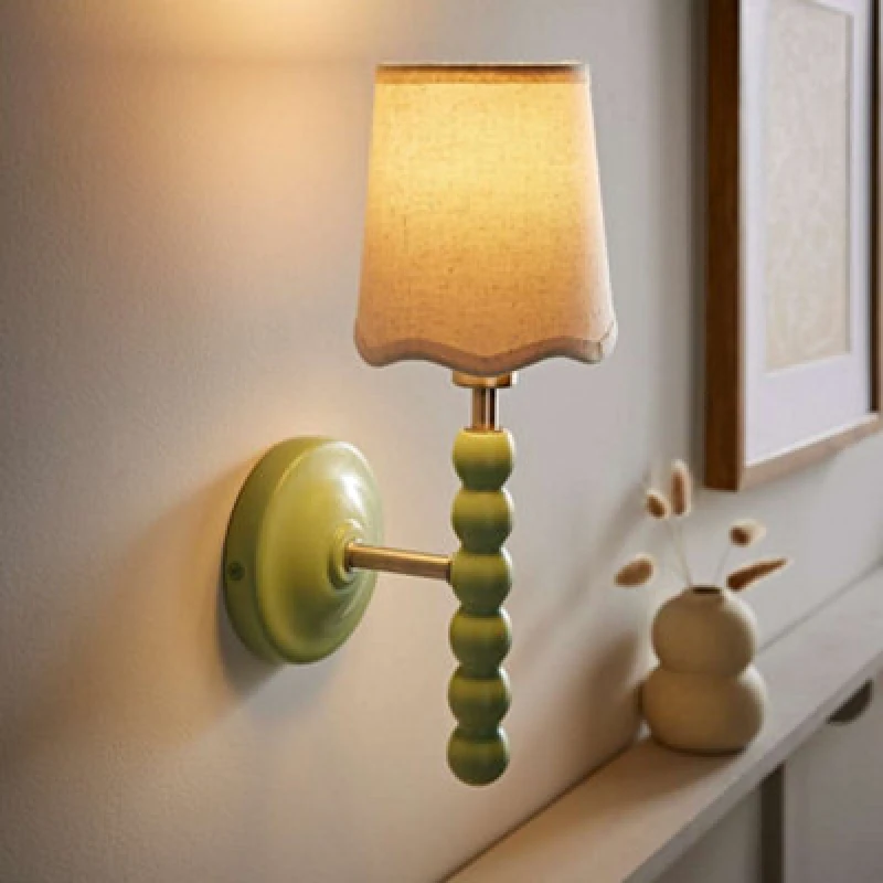 Image of ValueLights ValueLights Bobbins Pastel Bobble Wall Light and Natural Linen Trim Lamp Shade in Pale Green Pale Green One Size Unisex 5059406067914