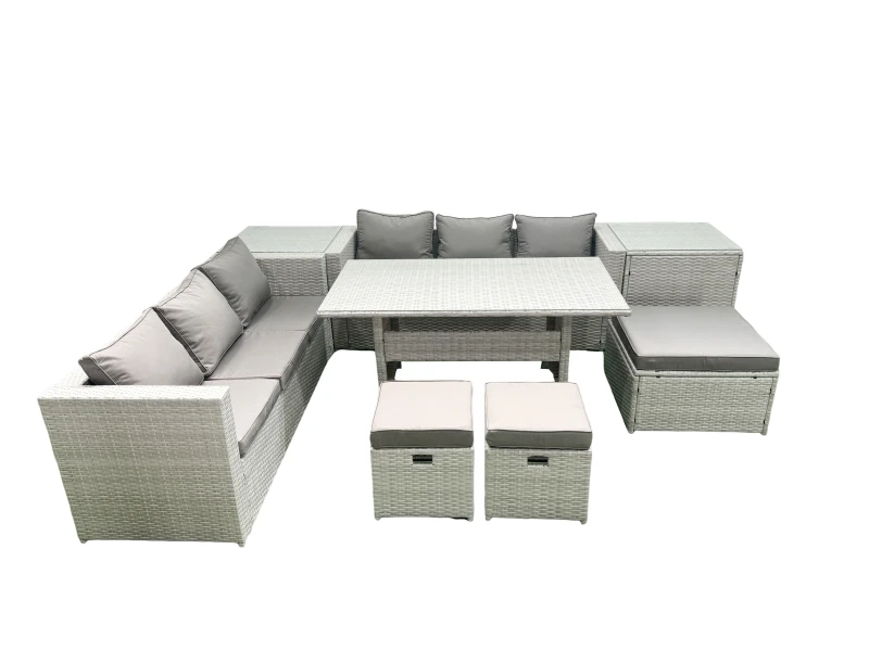 Image of Fimous Rattan Garden Furniture Set 9 Seater Outdoor Sofa Set with Dining Table 2 Side Tables 3 Footstools Light Grey Mixed Light Grey