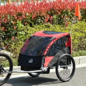 Image of HOMCOM Child Bicycle Trailer Foldable 2-Seat Baby Transport Carrier with Storage Bag Five-point Safety Harness Red