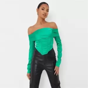 Image of Missguided Satin Long Sleeve Bardot Corset Top - Green