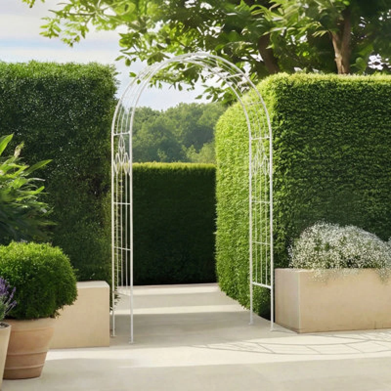 Image of Charles Bentley Antique White Leaf Design Rustic Metal Garden Arch