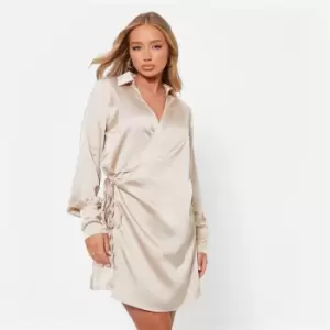 Image of I Saw It First Wrap Tie Side Satin Shirt Dress - Cream