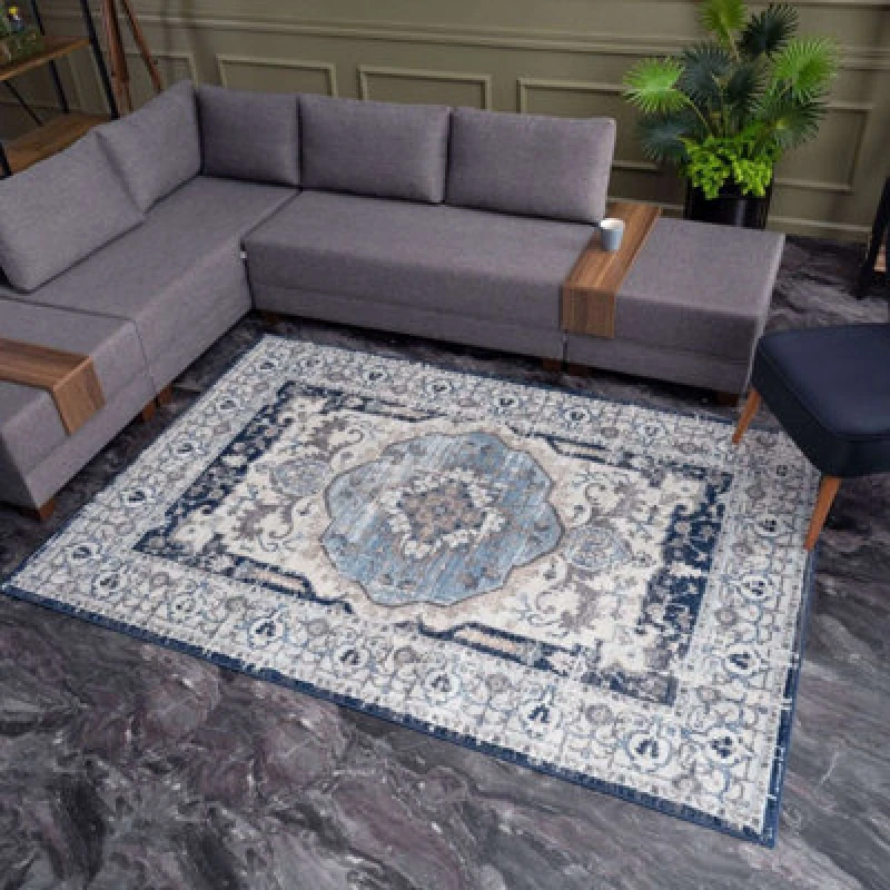 Image of The Rugs Montana Navy Cream Oriental Area Rug And Runner Soft Durable Pet Friendly Easy To Clean Living Room Bedroom 4040