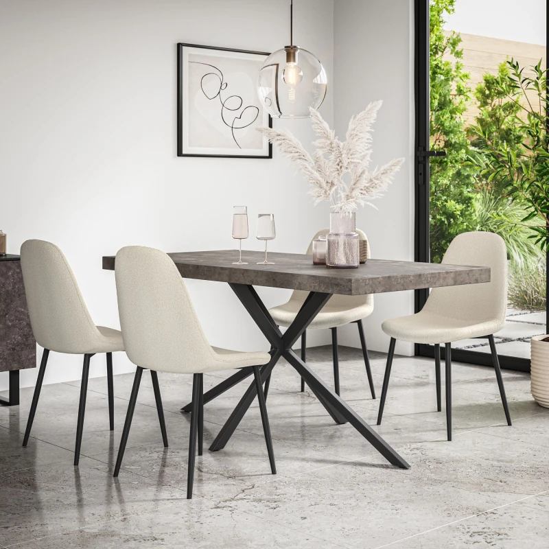 Image of More4Homes Donni Dining Table And Chairs - Concrete Effect Table Top W Black Legs + Maya Boucle Dining Chair Set Of 4 (Ivory White)