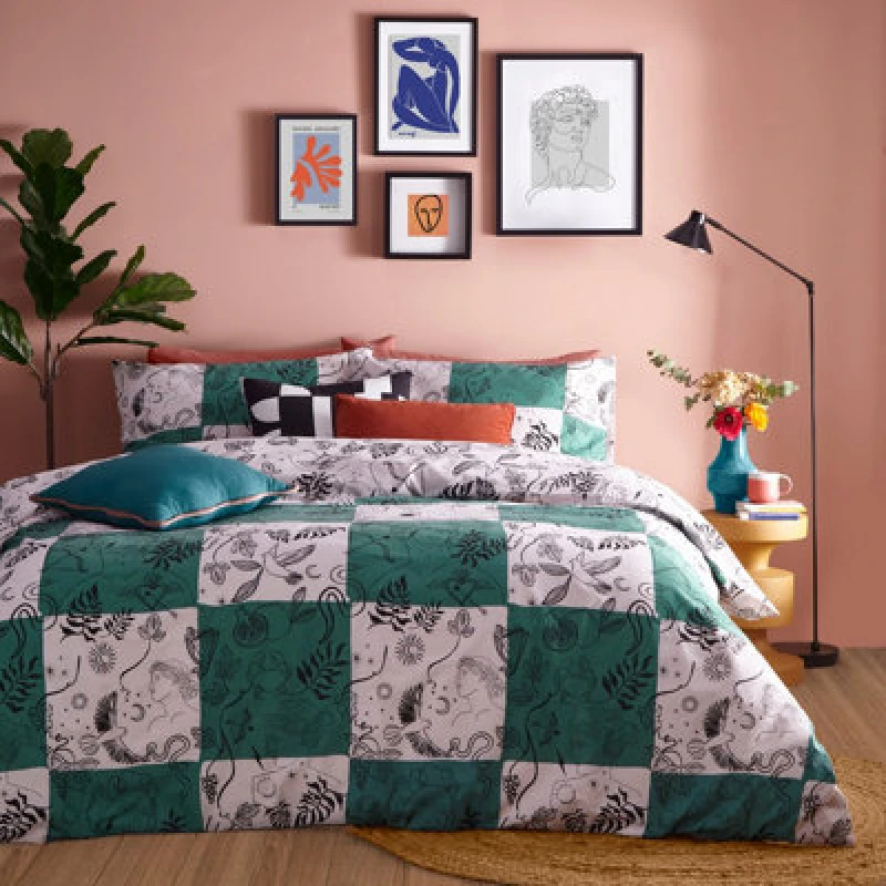 Image of Furn Furn Mythos Checkerboard Printed Reversible Duvet Cover Set in Jade Size: King Jade King Unisex 5025532733047
