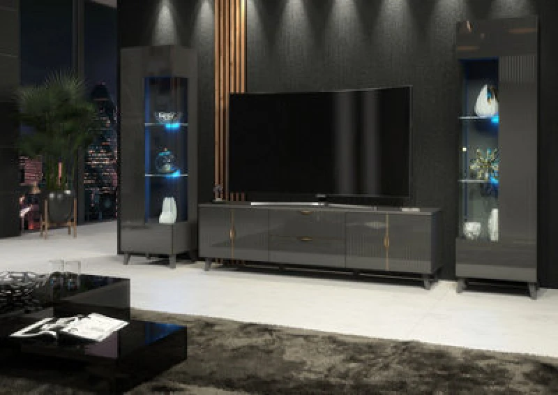 Image of Furneo Grey Living Room Set TV Stand Display Cabinets High Gloss & Matt Azzurro 10/12G Blue LED Lights