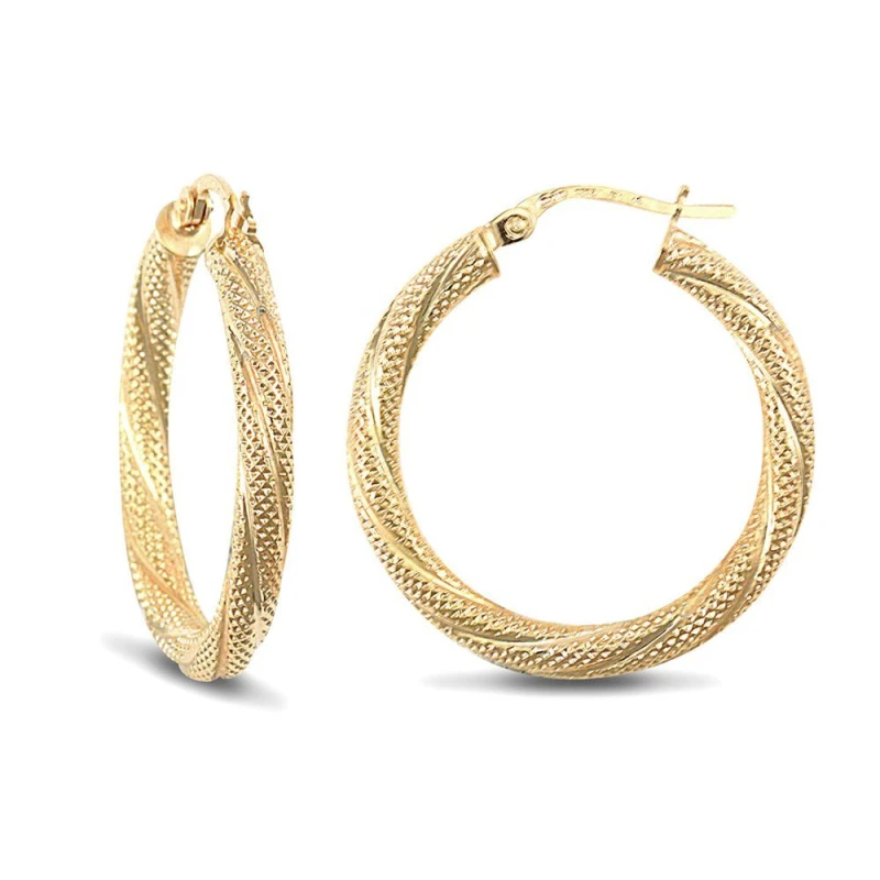 Image of Jewelco London 9ct Gold Snake Skin Twisted 3mm Hoop Earrings 25mm - JER457C Gold female