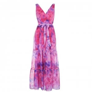 Image of DKNY Printed Surplice Tiered Maxi Dress - Pink PKP