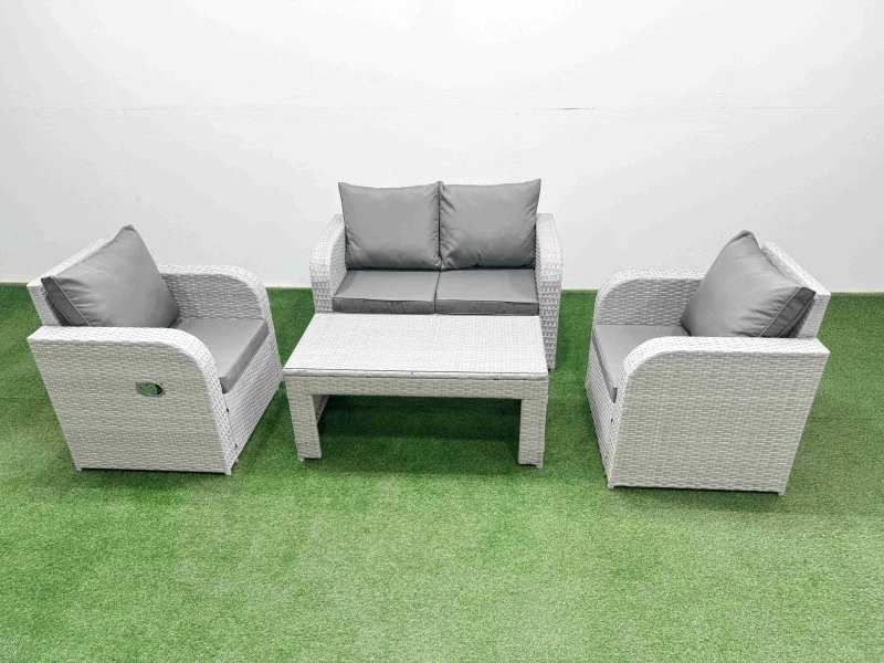 Image of Fimous Light Grey PE Wicker Rattan Garden Furniture Set Sofa Set Reclining Adjustable Chair Oblong Coffee Table 4 Seater Light Grey