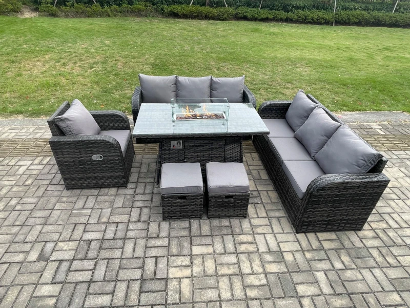 Image of Fimous 9 Seater Wicker Rattan Garden Furniture Set Gas Fire Pit Dining Table Reclining Chair 3 Seater Sofa Set Indoor Outdoor with 2 Footstools Dark G