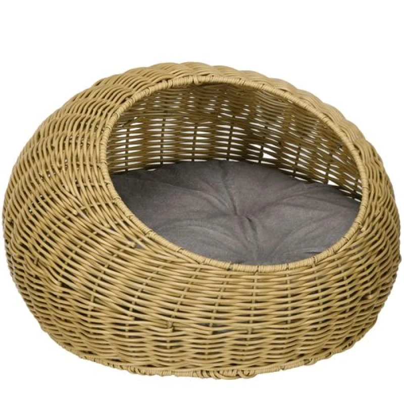 Image of PawHut Wicker Cat House with Washable Cushion for Indoor Cats, Light Brown - Pawhut 5056725588502
