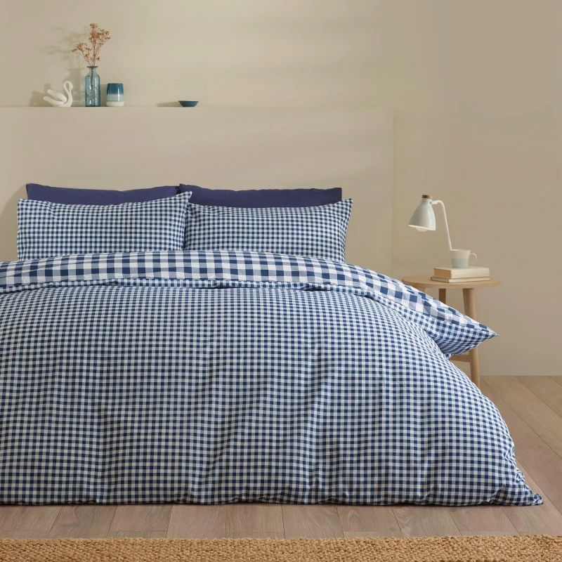 Image of Catherine Lansfield Bamford Gingham Check Duvet Cover Bedding Set Navy