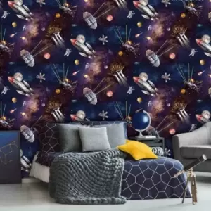 Image of Belgravia Outer Space Glow in the Dark Spaceship Galaxy Childrens Wallpaper