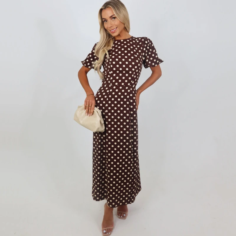 Image of AX Paris Polka Dot Print Puff Sleeve Midi Dress Chocolate female 8 (XS)